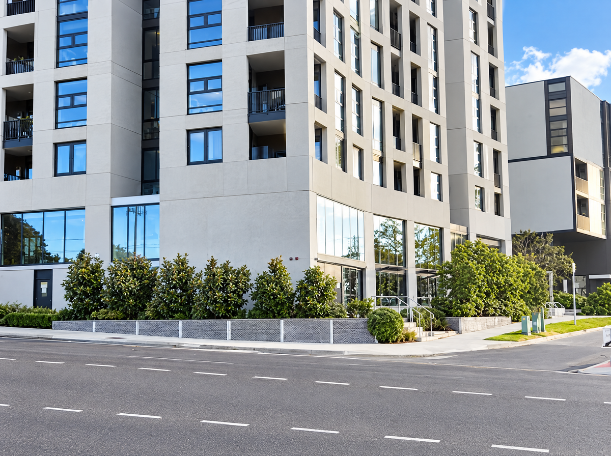 Building at 56 Myrtle Street, Ivanhoe, viewed from Bell Street near the laundromat entrance